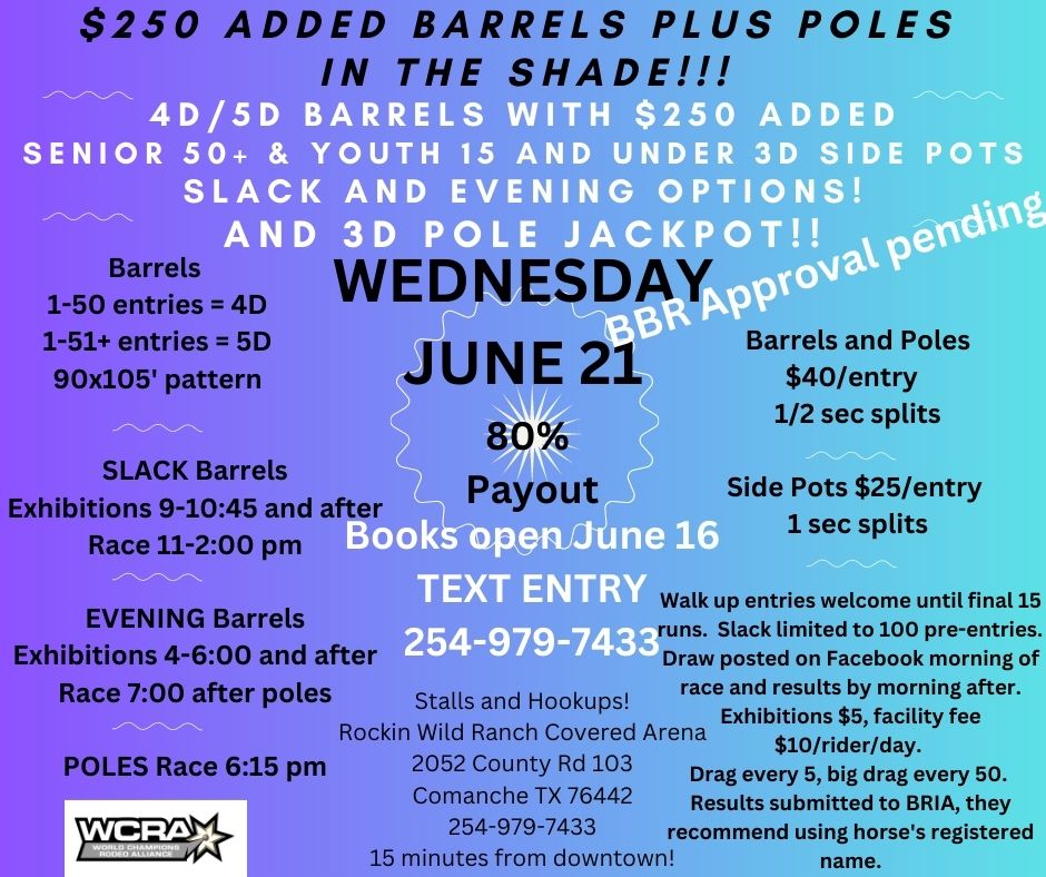 June Wednesdays $250 added Barrels plus Poles and Side Pots!